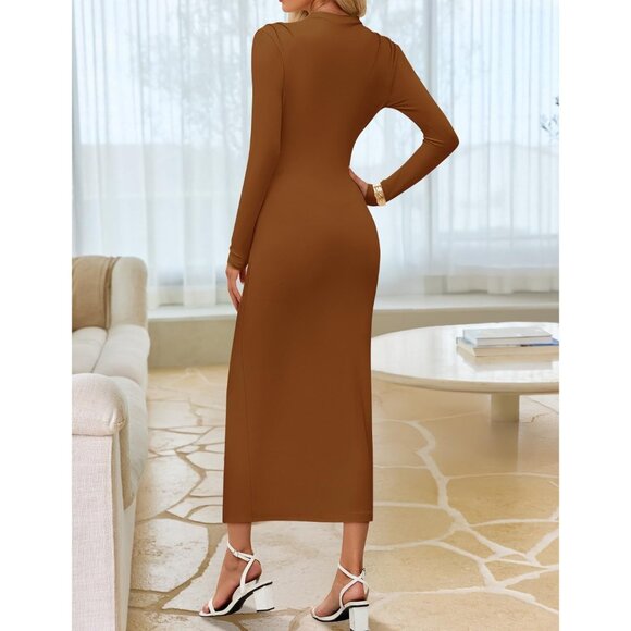 Zesica Women's Caramel Long Sleeve Mock Neck Long Midi Bodycon Cocktail Dress - Picture 4 of 7